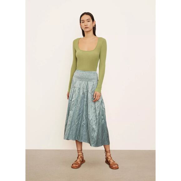 Vince Smocked Tiered Metal Satin Midi Length Pull-On A-Line Skirt Size Medium - Picture 1 of 6